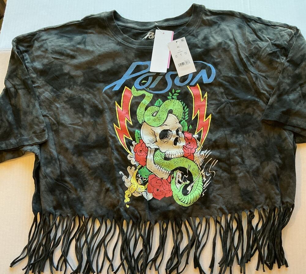 NWT Poison Rock Band Graphic Tee Mineral Wash Fringe Hem Women's Size XL
